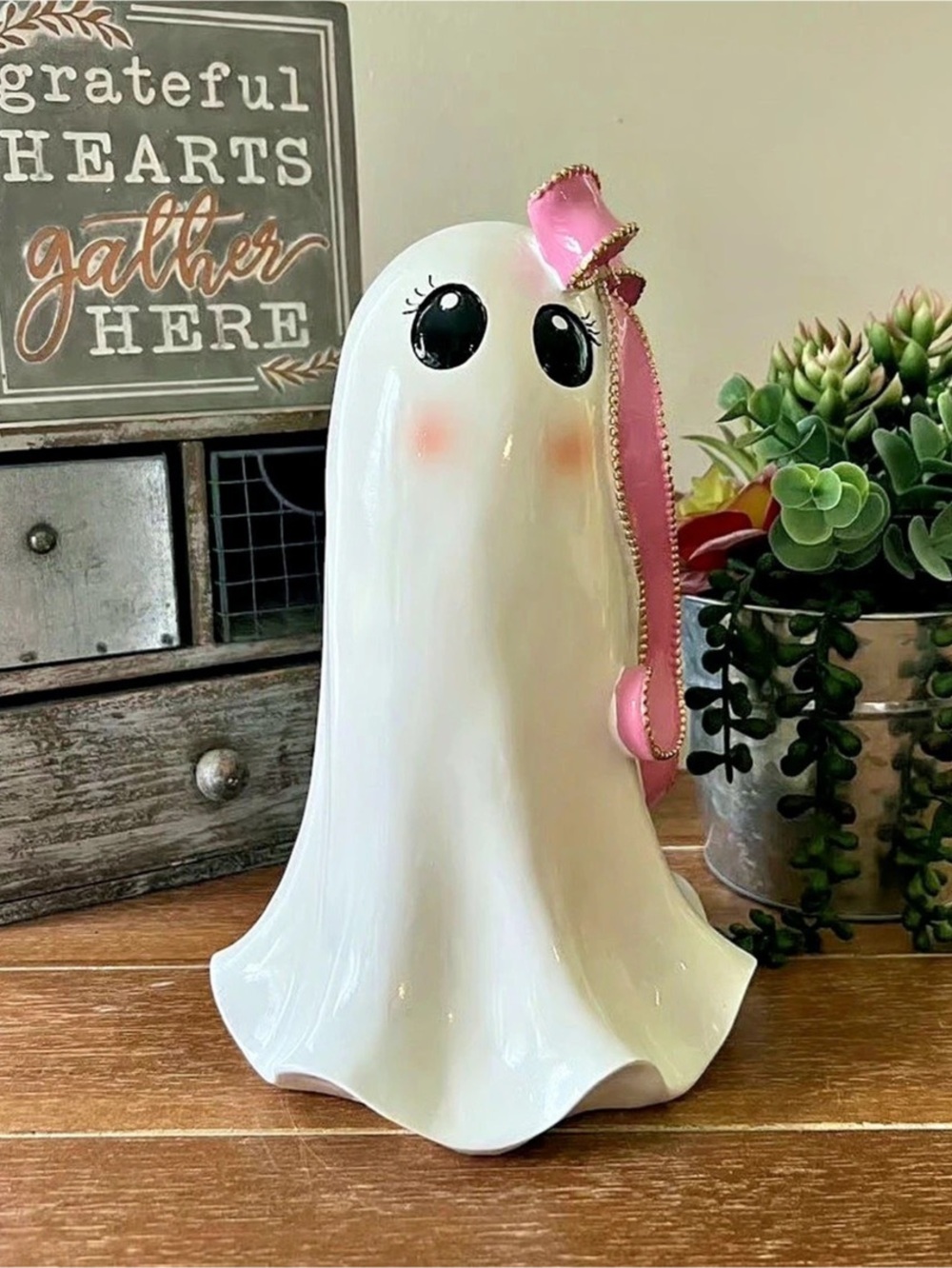 New 10” Cute Ghost Figurine with Pink Ribbon Bow and Sequin Halloween Decor